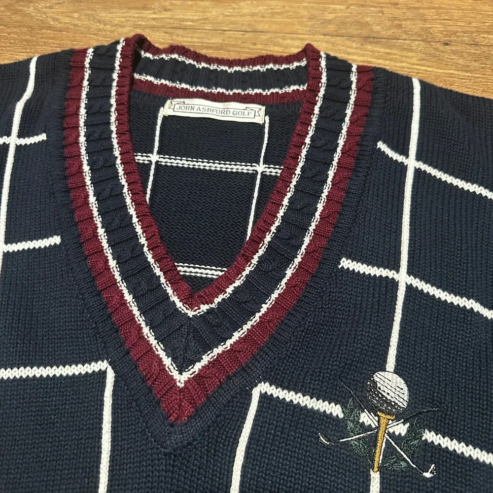 Vintage John Ashford Navy Blue Grid Golf V-Neck Sweater Mens Large